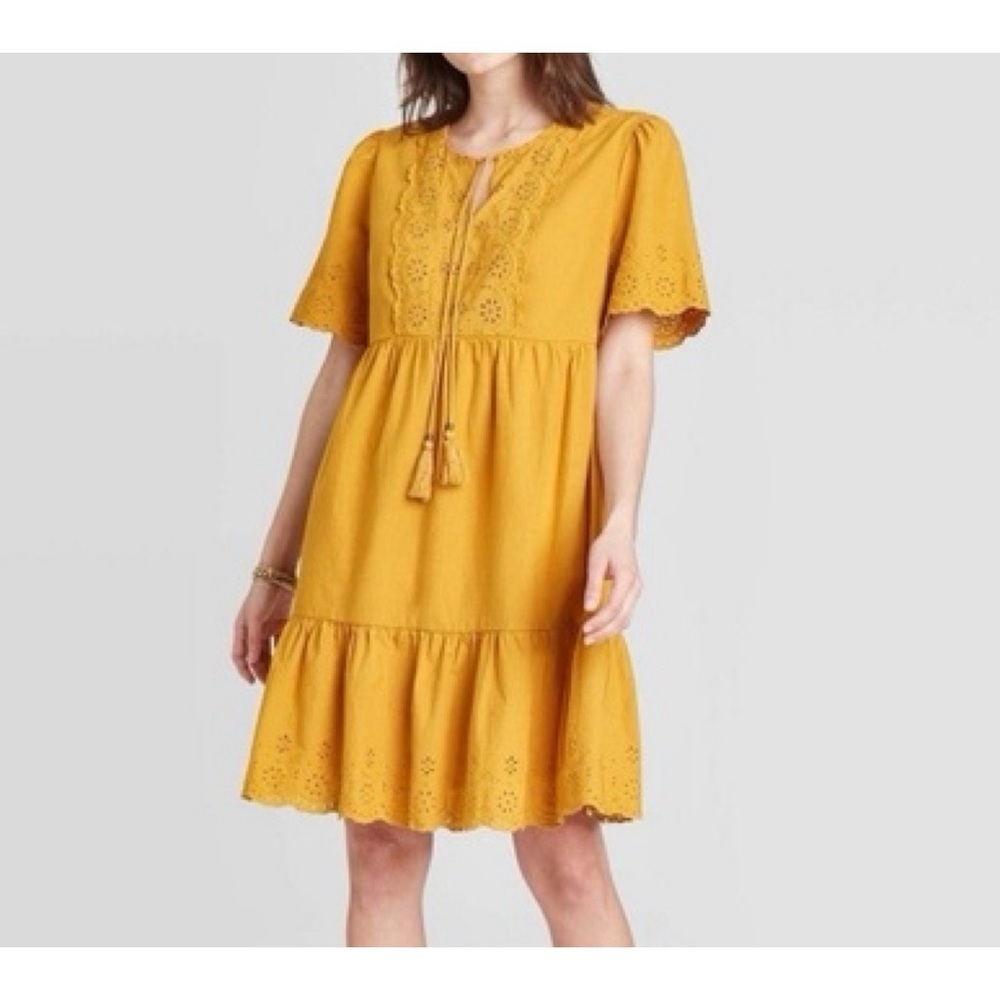 Knox Rose Eyelet Bohemian Mustard Short Sleeve Dress